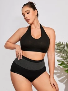 Plus Striped Print Two Tone Panty - Black - View 5