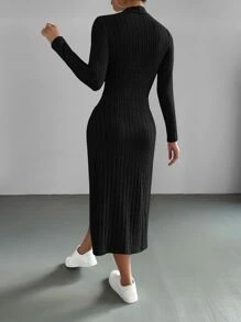 SHEIN EZwear Mock Neck Ribbed Knit Dress - Black - View 2