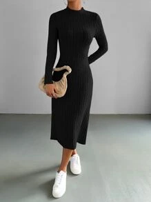 SHEIN EZwear Mock Neck Ribbed Knit Dress - Black - View 3