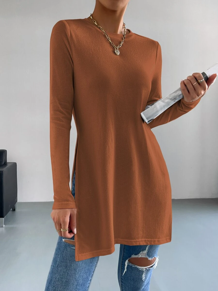 SHEIN Essnce 素色下擺開叉長款T恤 - 棕色 - 查看 1