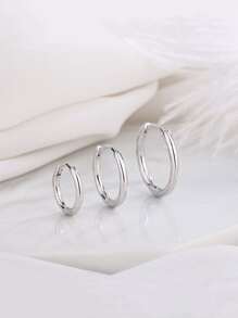 3 chiếc khuyên tai dạng vòng tối giản, trang sức bằng thép không gỉ - Bạc - Xem 3