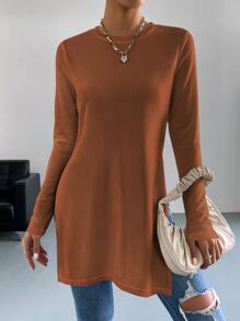 SHEIN Essnce 素色下擺開叉長款T恤 - 棕色 - 查看 4