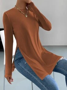 SHEIN Essnce 素色下擺開叉長款T恤 - 棕色 - 查看 5