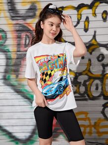 SHEIN 青少年女孩汽車和字母圖案T恤和機車短褲 - 黑與白 - 查看 4