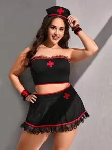 Plus 4pack Contrast Lace Bandeau Thong Nurse Costume - Black - View 1