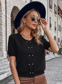 Knit Mix Solid Pearls Beaded Puff Sleeve Cardigan - Black - View 1