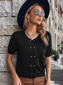 Knit Mix Solid Pearls Beaded Puff Sleeve Cardigan - Black - View 4