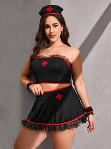 Plus 4pack Contrast Lace Bandeau Thong Nurse Costume - Black - View 4