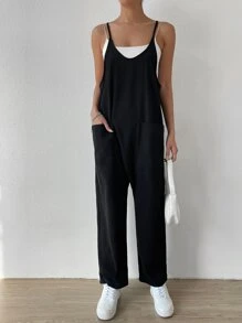 SHEIN EZwear Dual Pocket Cami Jumpsuit Without Cami Top - Black - View 3