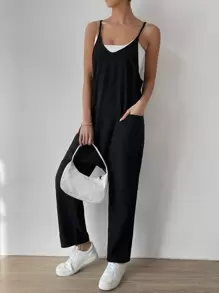 SHEIN EZwear Dual Pocket Cami Jumpsuit Without Cami Top - Black - View 1