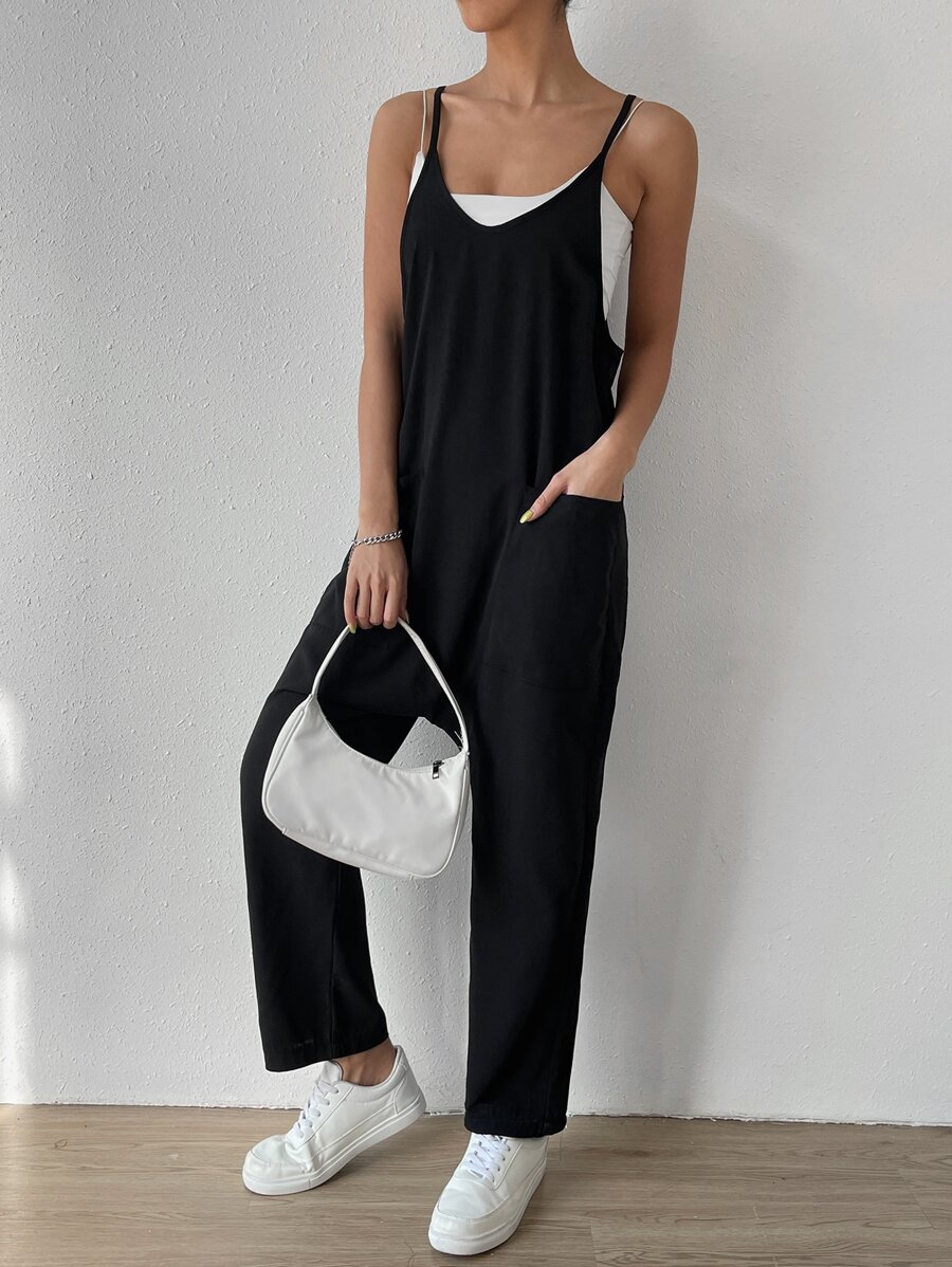 SHEIN EZwear Dual Pocket Cami Jumpsuit Without Cami Top - Black - View 1