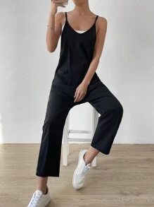 SHEIN EZwear Dual Pocket Cami Jumpsuit Without Cami Top - Black - View 4