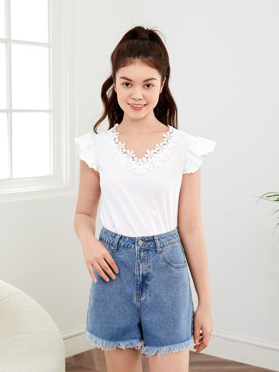 Chicas adolescentes Blusa con encaje en contraste ribete con fruncido - Blanco - Ver 1