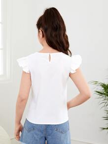 Chicas adolescentes Blusa con encaje en contraste ribete con fruncido - Blanco - Ver 2
