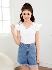 Chicas adolescentes Blusa con encaje en contraste ribete con fruncido - Blanco - Ver 5