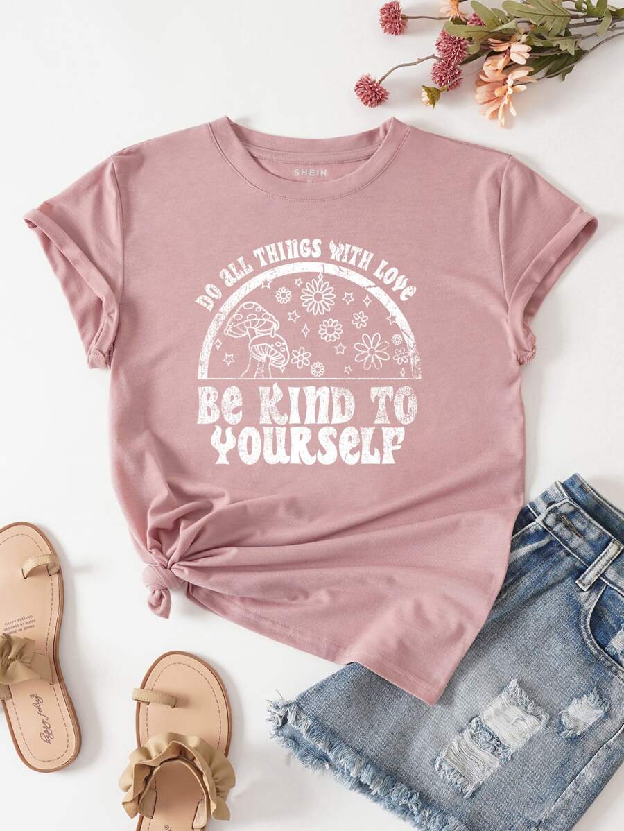 SHEIN LUNE Mushroom & Slogan Graphic Tee - Pink - View 1