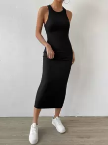 SHEIN Essnce Đầm Gân đan màu trơn Giải trí - màu đen - Xem 6