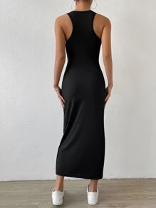 SHEIN Essnce Đầm Gân đan màu trơn Giải trí - màu đen - Xem 2