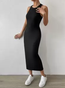 SHEIN Essnce Đầm Gân đan màu trơn Giải trí - màu đen - Xem 4