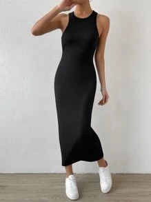 SHEIN Essnce Đầm Gân đan màu trơn Giải trí - màu đen - Xem 1