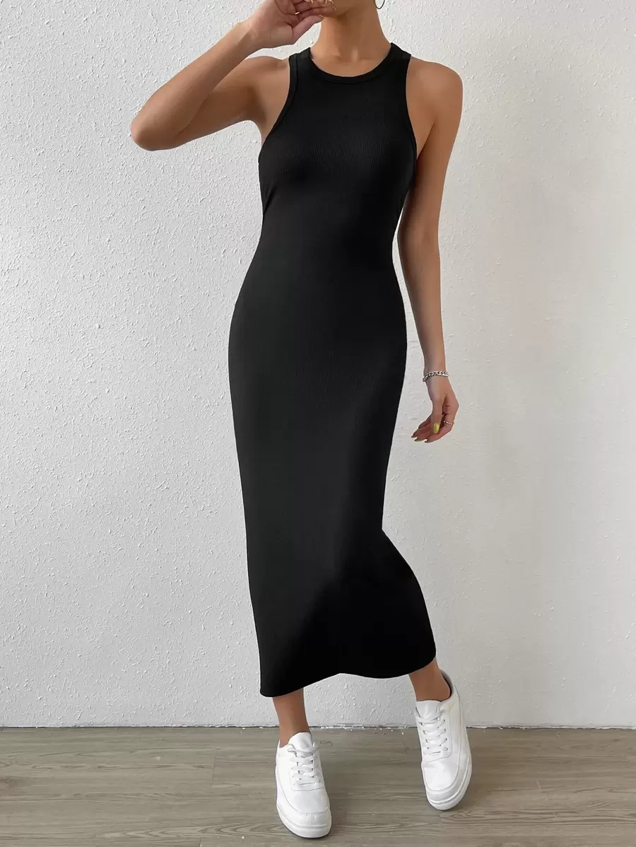 SHEIN Essnce Đầm Gân đan màu trơn Giải trí - màu đen - Xem 1