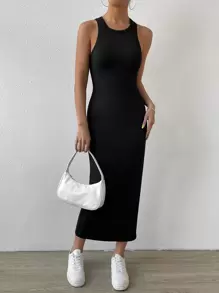 SHEIN Essnce Đầm Gân đan màu trơn Giải trí - màu đen - Xem 5