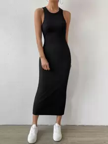 SHEIN Essnce Đầm Gân đan màu trơn Giải trí - màu đen - Xem 3