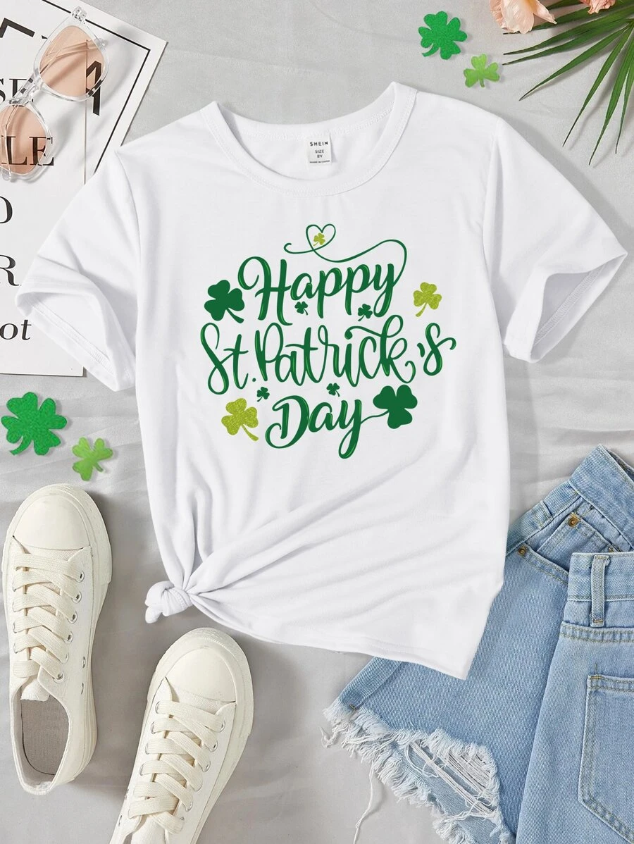 Girls 1pc Clover & Slogan Graphic Tee - White - View 1