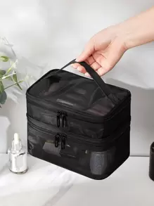 1pc Plain Portable Toiletry Travel Bag, Black Large Capacity Wash Bag For Travel - Black - View 1