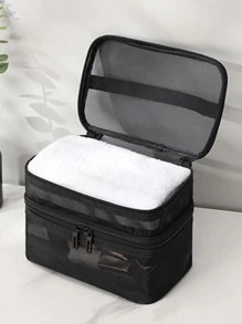 1pc Plain Portable Toiletry Travel Bag, Black Large Capacity Wash Bag For Travel - Black - View 2