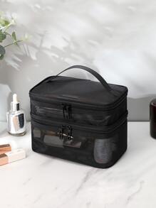 1pc Plain Portable Toiletry Travel Bag, Black Large Capacity Wash Bag For Travel - Black - View 3