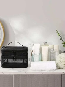 1pc Plain Portable Toiletry Travel Bag, Black Large Capacity Wash Bag For Travel - Black - View 5