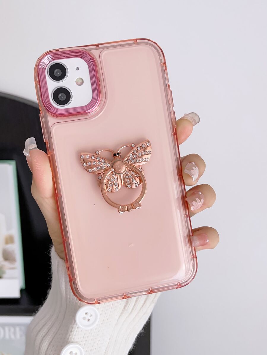 Plating Phone Case With Rhinestone Butterfly Design Ring Holder - Pink - View 1