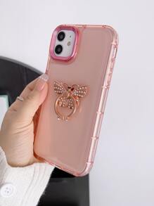 Plating Phone Case With Rhinestone Butterfly Design Ring Holder - Pink - View 2