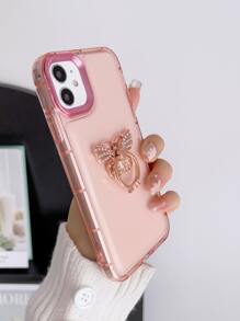 Plating Phone Case With Rhinestone Butterfly Design Ring Holder - Pink - View 4