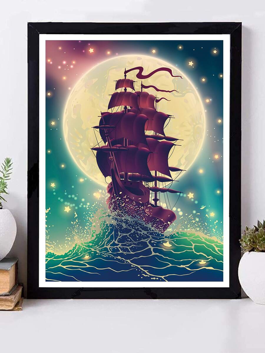 帆船圖案DIY鑽石畫不附框架 - 彩色 - 查看 1