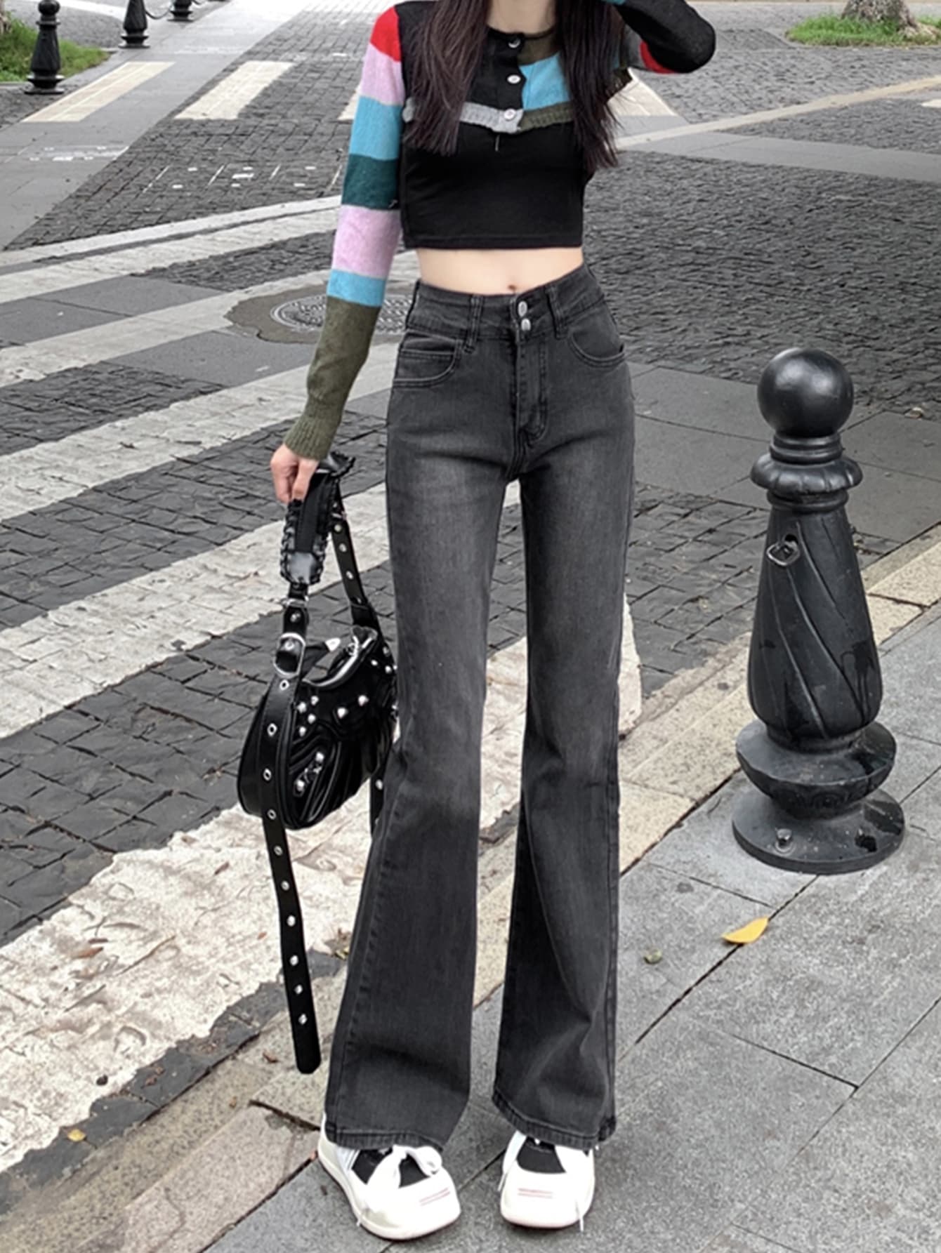 Quần jean nữ Nút Túi Dây kéo màu trơn - Màu xám đen - Xem 1