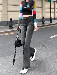 Quần jean nữ Nút Túi Dây kéo màu trơn - Màu xám đen - Xem 4