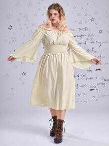 ROMWE Fairycore Plus Off Shoulder Flounce Sleeve Shirred Dress - Apricot - View 1