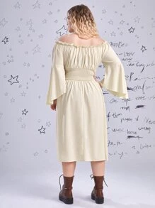 ROMWE Fairycore Plus Off Shoulder Flounce Sleeve Shirred Dress - Apricot - View 2