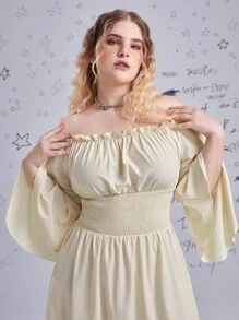 ROMWE Fairycore Plus Off Shoulder Flounce Sleeve Shirred Dress - Apricot - View 3