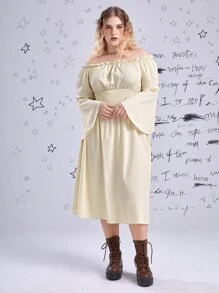 ROMWE Fairycore Plus Off Shoulder Flounce Sleeve Shirred Dress - Apricot - View 4