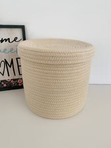 1pc Beige Desktop Storage Basket With Lid, Minimalist Polyester Woven Storage Basket For Home - Beige - View 1