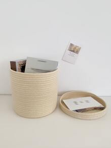 1pc Beige Desktop Storage Basket With Lid, Minimalist Polyester Woven Storage Basket For Home - Beige - View 2