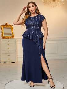 MIUSOL Plus Contrast Sequin Ruffle Trim Split Thigh Dress - Navy Blue - View 1