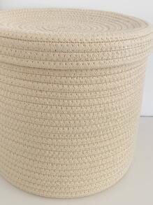 1pc Beige Desktop Storage Basket With Lid, Minimalist Polyester Woven Storage Basket For Home - Beige - View 4