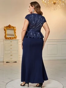 MIUSOL Plus Contrast Sequin Ruffle Trim Split Thigh Dress - Navy Blue - View 2