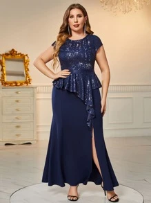 MIUSOL Plus Contrast Sequin Ruffle Trim Split Thigh Dress - Navy Blue - View 3