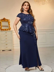 MIUSOL Plus Contrast Sequin Ruffle Trim Split Thigh Dress - Navy Blue - View 4