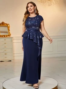 MIUSOL Plus Contrast Sequin Ruffle Trim Split Thigh Dress - Navy Blue - View 5